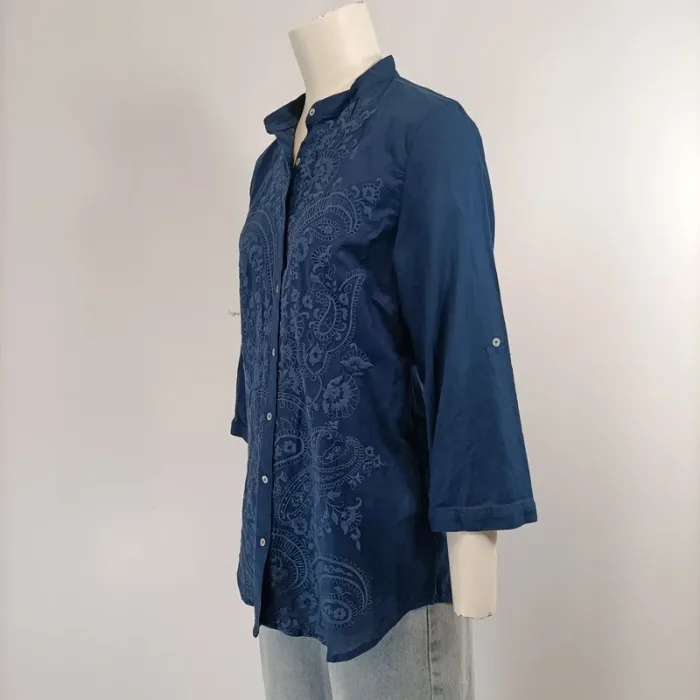 Chemise col Mao - broderie fleurs - 100% coton - Bleu marine - Massimo Dutti ; 34 A293 - photo numéro 3