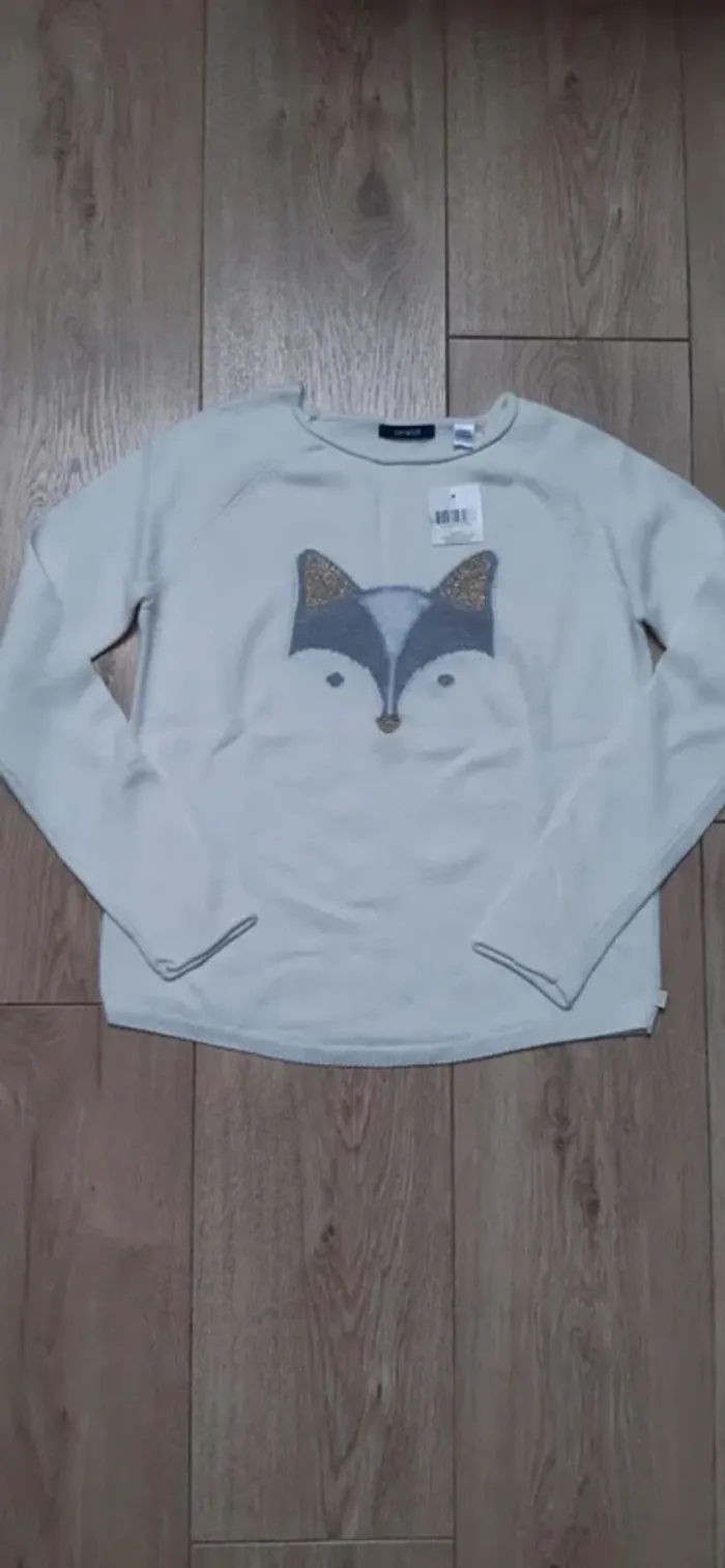 Pull okaidi blanc motif renard 10 ans neuf avec étiquette
