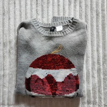 Pull gris H&M à paillettes réversibles – Motif pingouin / Noël – Taille XS