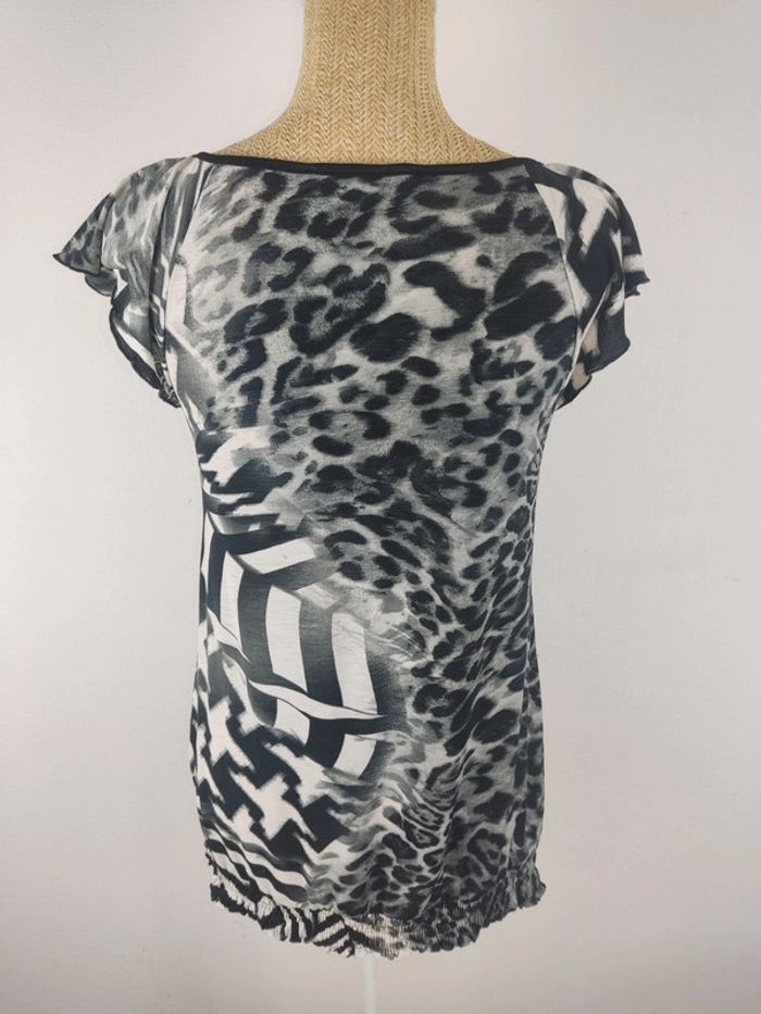 Blouse manches courtes motif léopard noir gris blanc taille 40 Patrice Breal - photo numéro 2