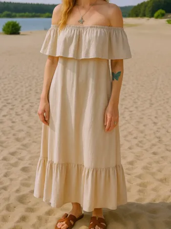 Robe longue bohème Sable 100% coton volant, ouverture dos Free People XS/34 aussi 36