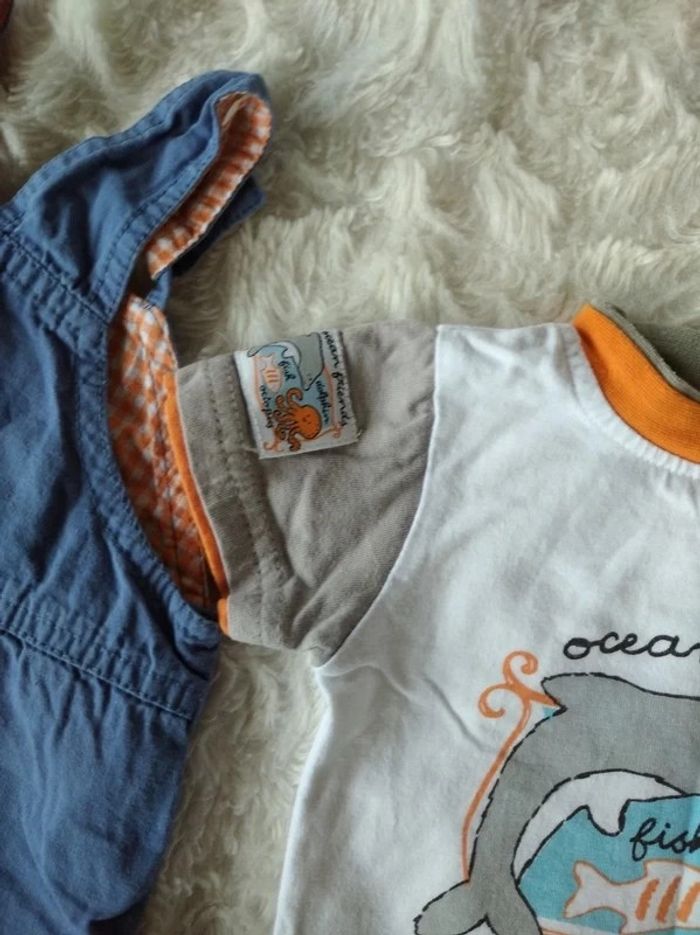 Ensemble (tee shirt+salopette+short) Garçon 6 mois dauphin pieuvre "ocean friends" 100% coton - photo numéro 10