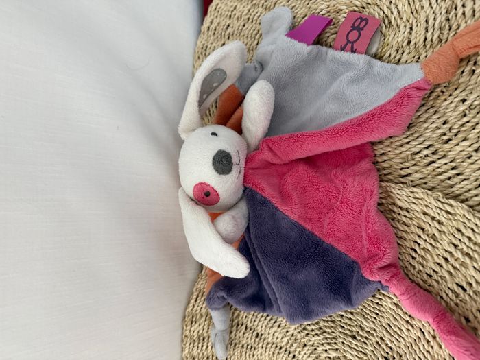 Doudou plat lapin rose violet orange gris blanc OBAIBI