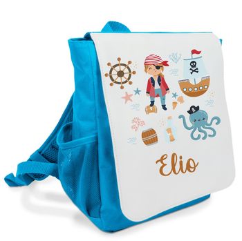 Sac à dos bleu maternelle personnalisé prénom - Thème pirate - Rabat imprimé amovible - Sac crèche garçon