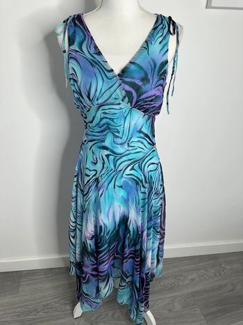 Robe asymétrique psychédélique bleue et violette en soie Vintage T38 M