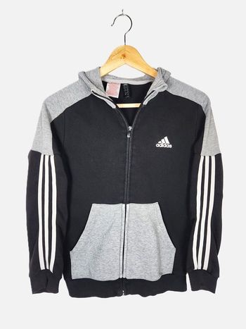 Sweat à Capuche Zippé Adidas – Noir & Gris – Taille 11-12 Ans
