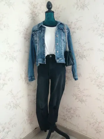 Veste en jeans bleu avec tête d'indien à strass dans le dos / boutique indépendante / (XL)