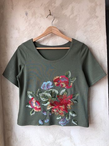 Crop top kaki brodé vintage M/L