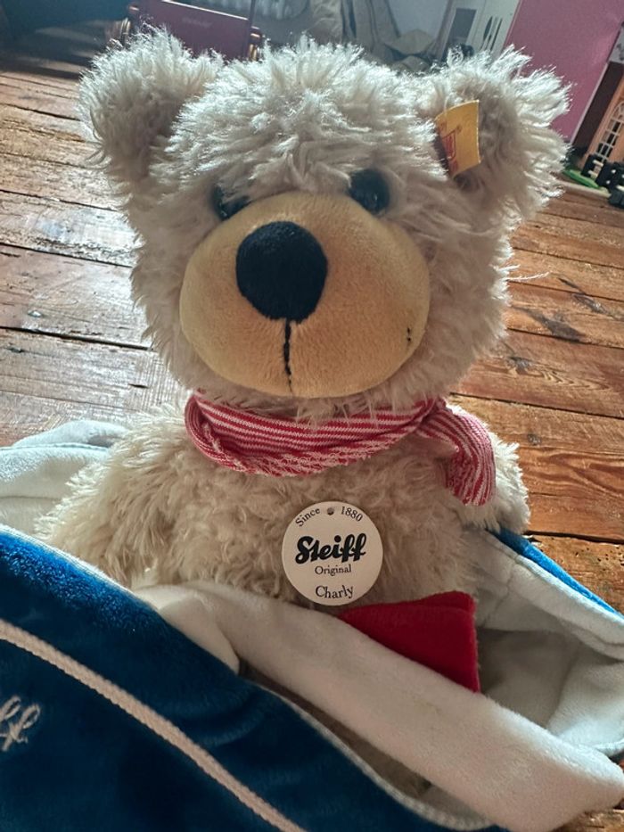 RARE Peluche Ours chiné beige Steiff 30cm avec bandeau sac bateau bleu doudou traditionnel - photo numéro 3