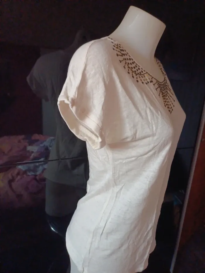 Tee shirt beige en llin strass taille M - photo numéro 6