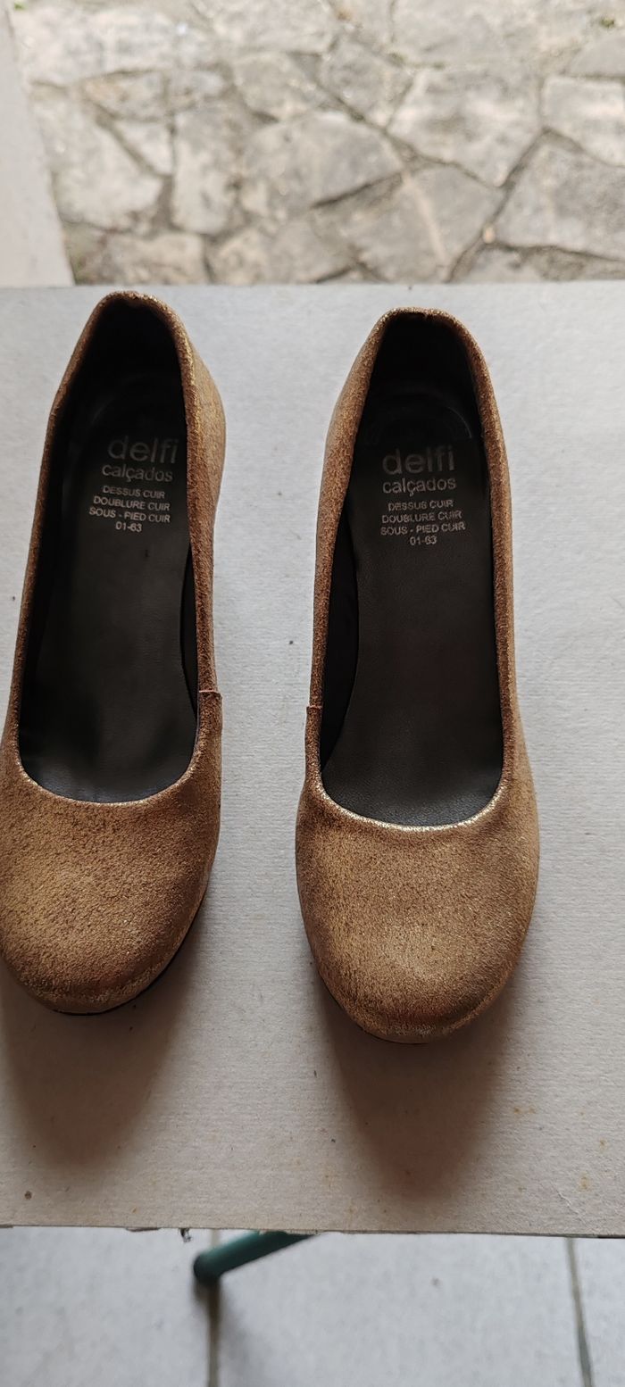 Chaussures compensées dorées femme cuir - photo numéro 3