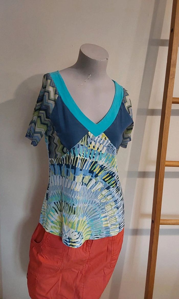 Blouse fluide   imprimée bleu et blanc T 40