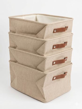 4 Paniers de Rangement Pliable Mangata - Toile Épaisse & Cuir PU - 36L x 26l x 18H centimètres