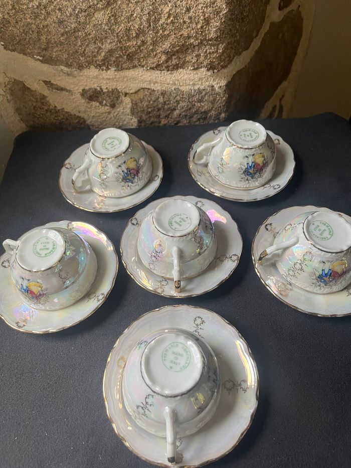 Magnifique Lot de 6 tasses et 6 sous tasses Porcelaine Italy nacrée Vintage - photo numéro 5