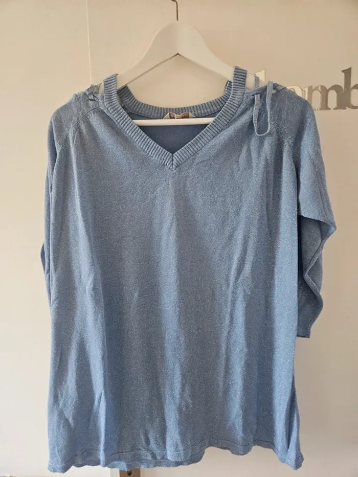 Pull bleu pailletté manches 3/4 - photo numéro 2