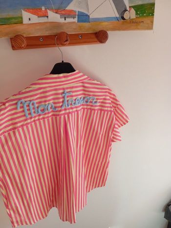 Chemise coton rayure rose jaune brodé taille L XL 