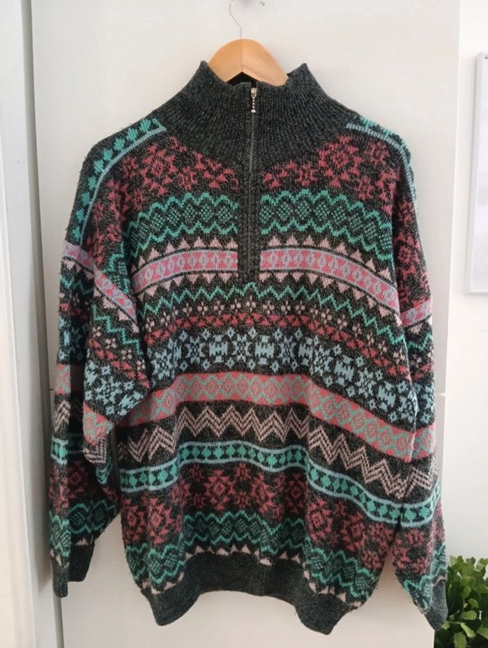 Pull col camionneur gris et multicolore vintage - photo numéro 2