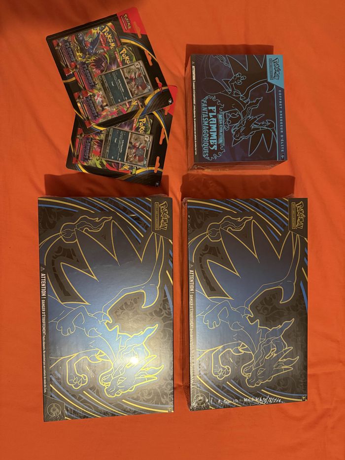 [Neuf/scellé] Pokémon - Lot moyen de coffrets scellés 2 UPC Dracaufeu, 1 ETB Me02 et 2 tripacks ME02