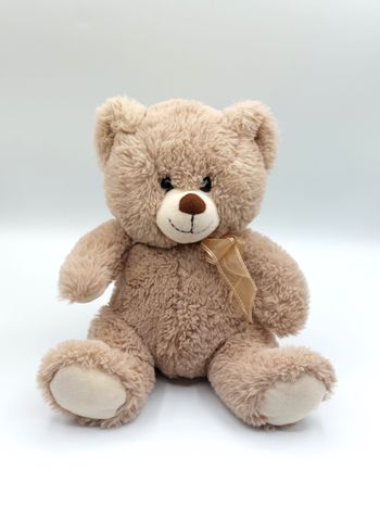 Peluche doudou ours beige écru MAX & SAX Carrefour nœud doré 26 cm TY71037