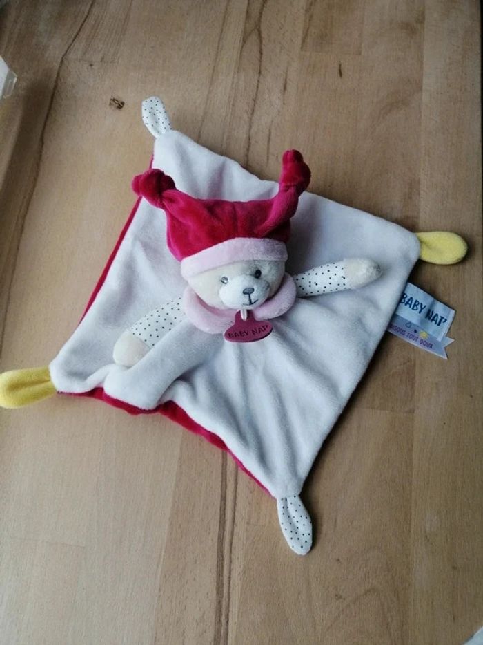 Doudou Plat Babynat Baby'nat Brioche Ours Blanc Rose Fushia Bonnet
