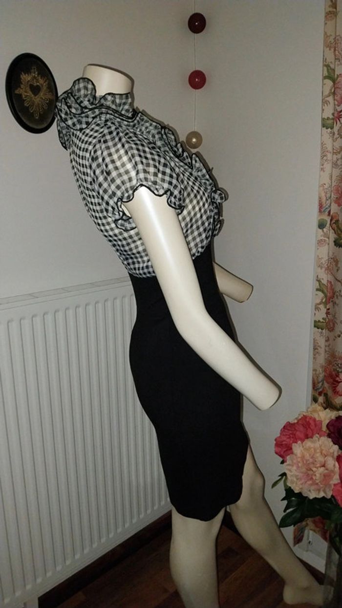 Robe rétro chic bimatiere vichy noir et blanc col jabot by Morgan état neuf taille S - photo numéro 17