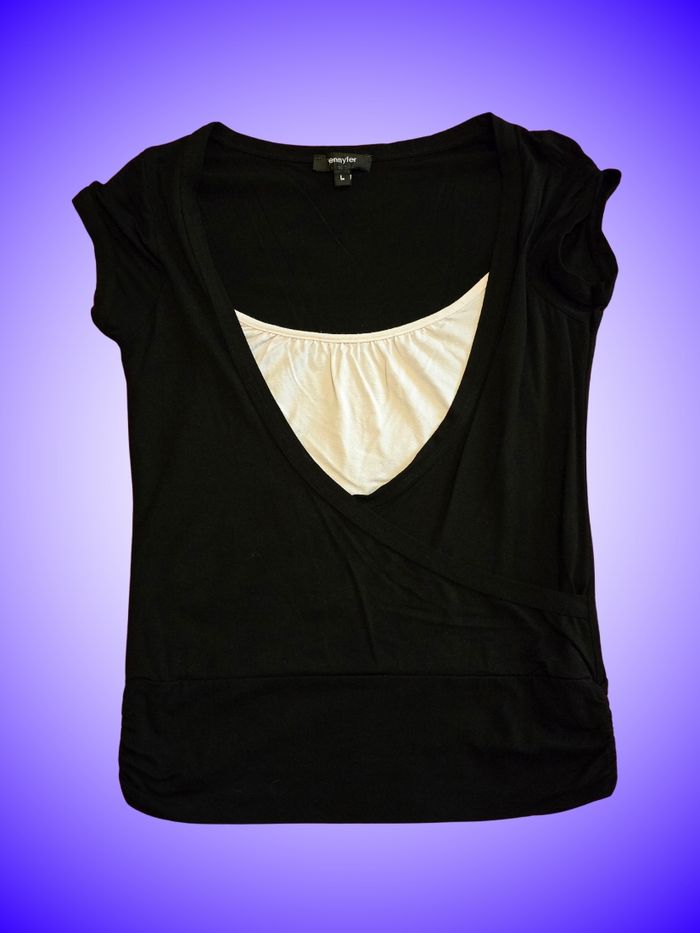 Top Cache-cœur 2-en-1 Jennyfer – Effet Double V-Neck – Noir & Blanc – Taille 40 L – Très Bon État