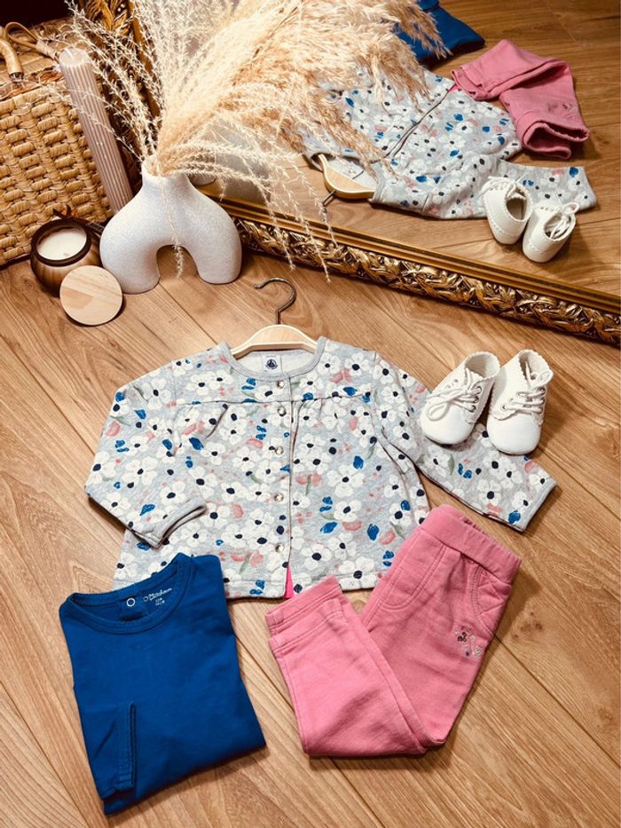 Taille 12 mois tenue 3p fille multimarque gris bleu rose * fleurs * 🎀 - photo numéro 1