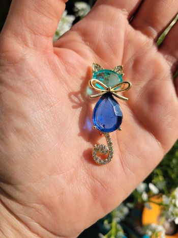 Broche chat vert et bleu