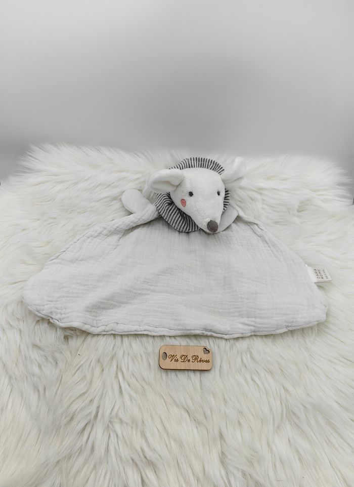 Doudou Lange semi plat Souris Blanc col rayé gris Zara Home