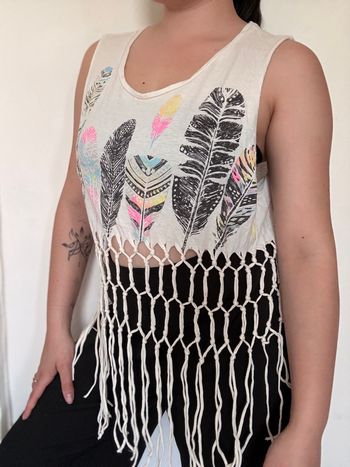Crop top blanc à franges bohème plume festival été – taille L