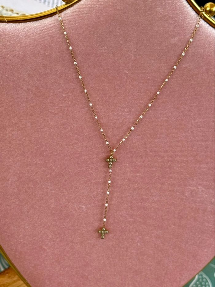 Collier V chapelet réglable acier inoxydable or résine njj la anche 2 croix cristaux - photo numéro 7