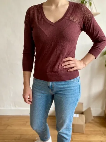 🌸 Magnifique Pull léger Kookaï - Détails Dentelle & Prune Profond - Taille 0 / XS