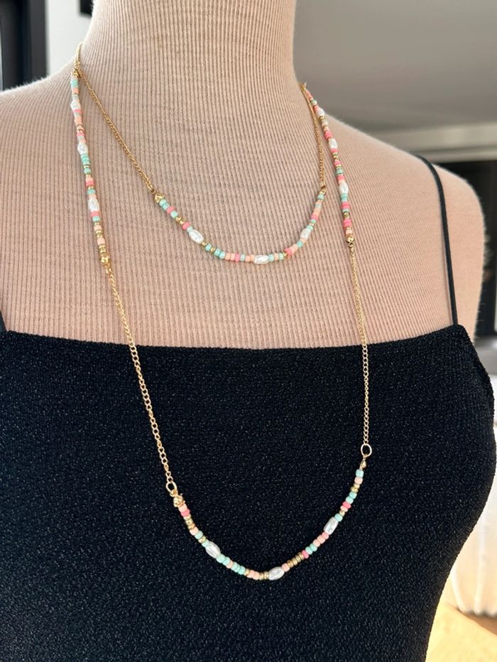 Collier sautoir multirang doré et perles - photo numéro 2