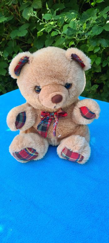 Ourson peluche vintage ruban et pattes en écossais Noël ! british