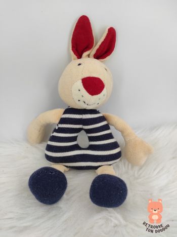 Doudou Hochet Lapin beige rayé bleu et blanc