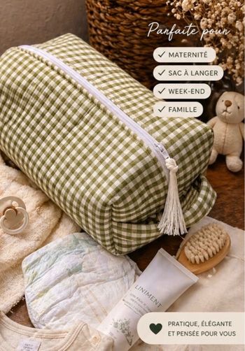 Trousse de toilette matelassée en gaze de coton vichy blanche et vert olive