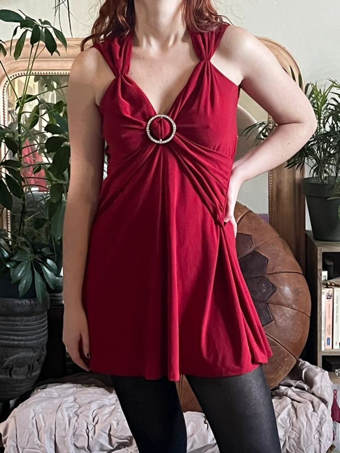 Robe de soirée marqué à la taille et plissé courte - rouge - photo numéro 2