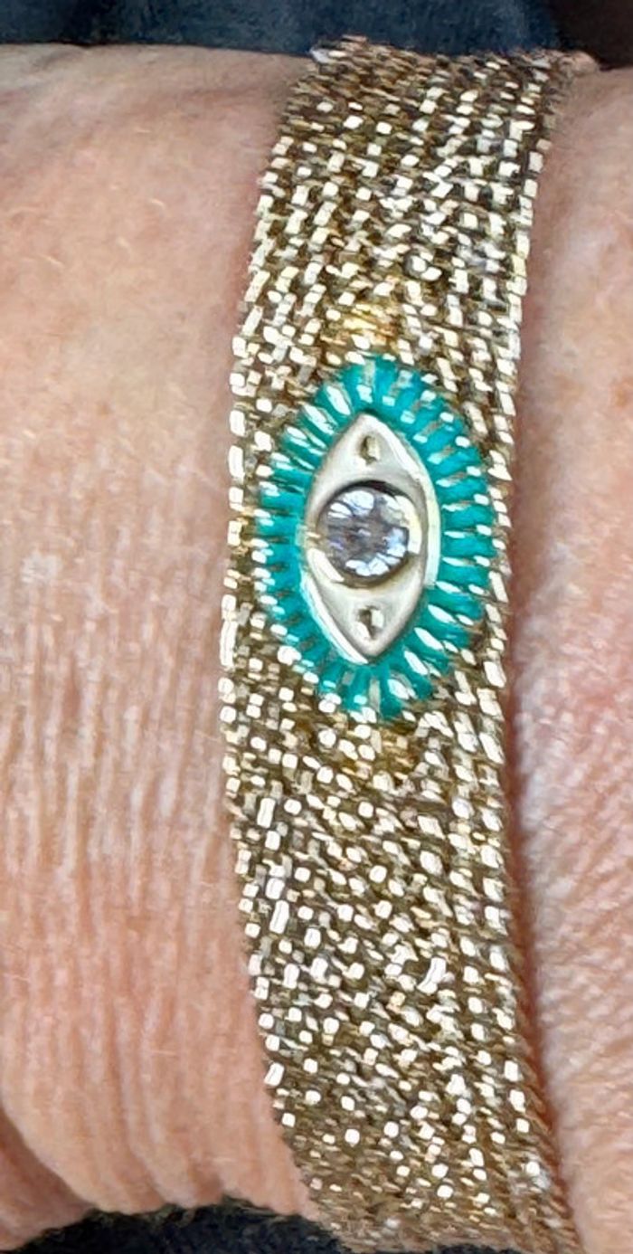 Bracelet manchette fils tissés dorés pailletés œil perles turquoises cristal habaha Paris - photo numéro 3