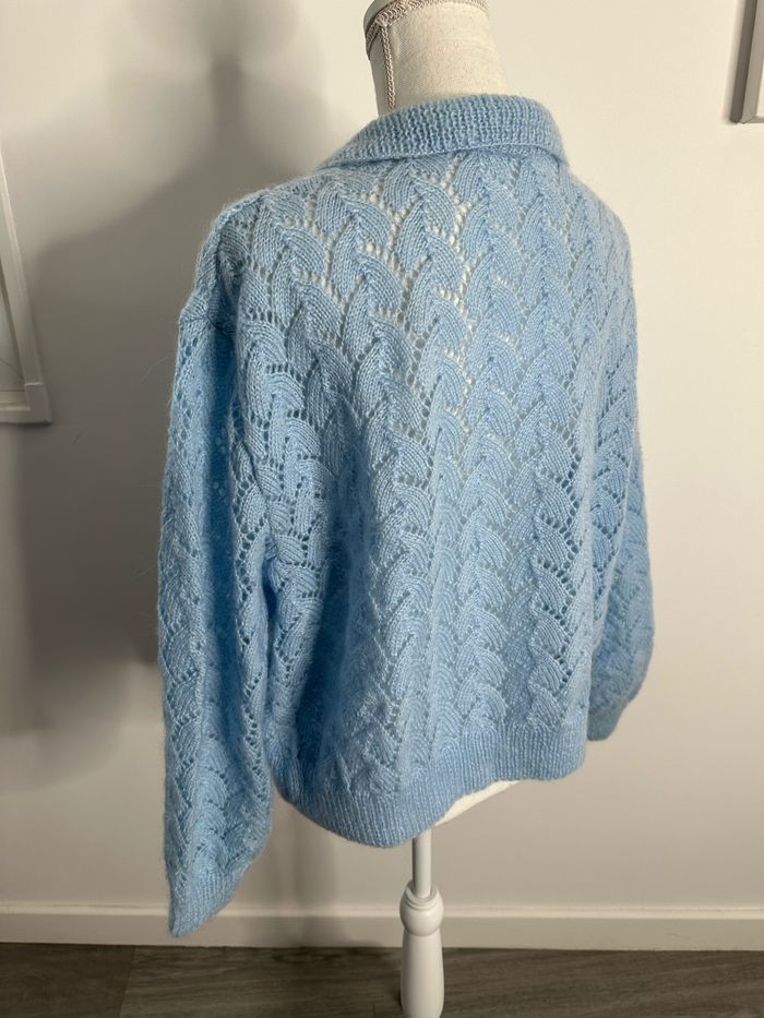 Cardigan en crochet tricot maille ajourée bleu ciel Vintage T42 XL - photo numéro 6