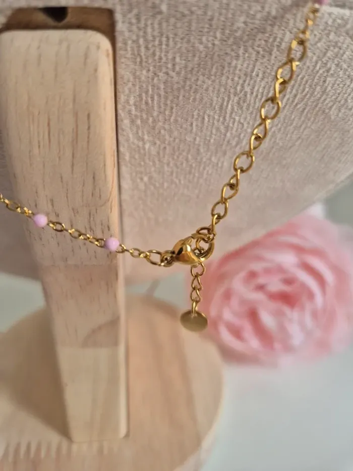 Parure de 2 bijoux : en acier inoxydable collier long et bracelet perles rose clair - photo numéro 5