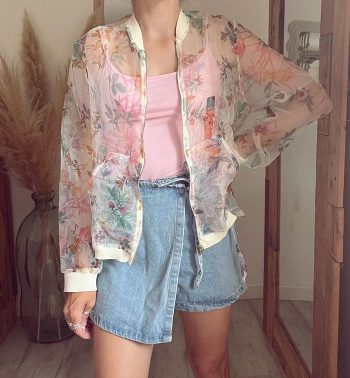 Veste bomber transparente fleurie Stradivarius – Taille S - photo numéro 2