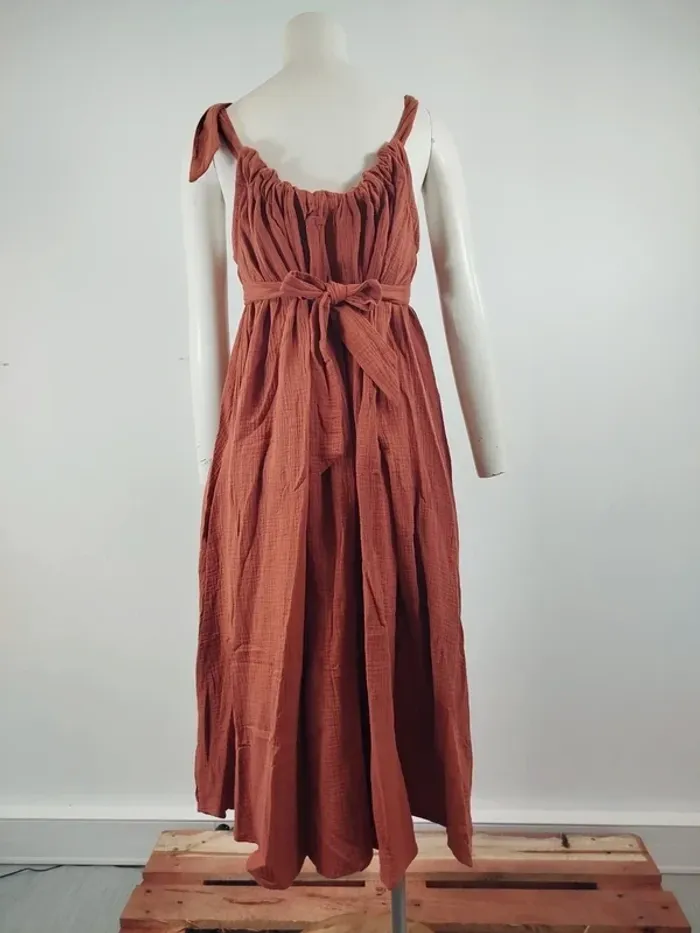 Robe longue rouille Quintessence en coton, effet gaufré, nouée à l'épaule, style bohème A1564 - photo numéro 4
