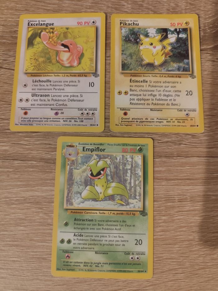 Lot 3 cartes Pokémon anciennes jungle wizards Pikachu Empiflor Excelangue très bon état - photo numéro 2