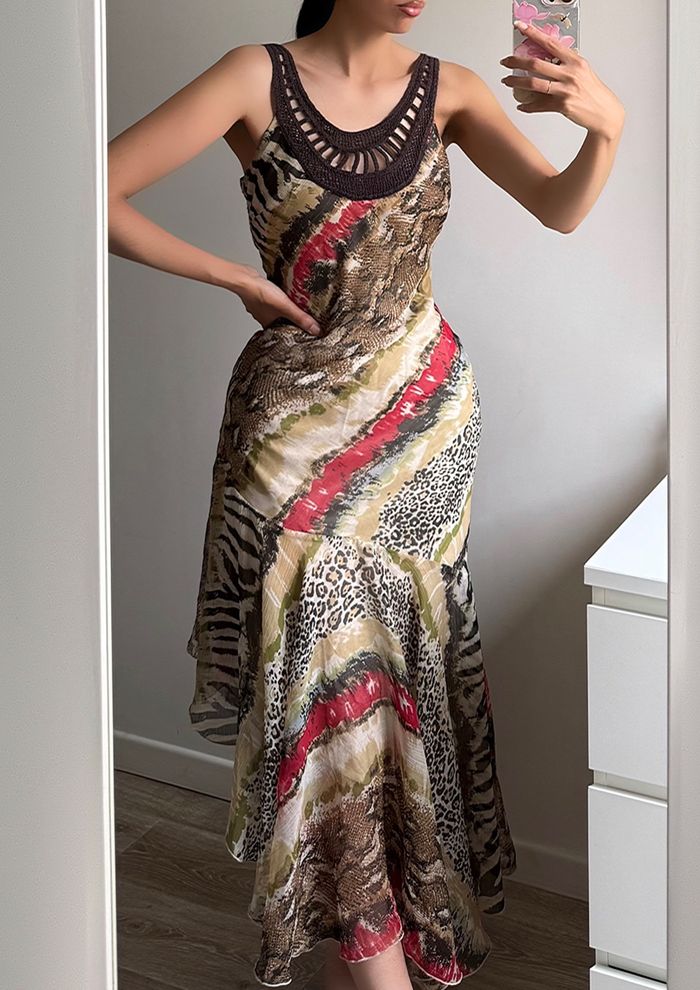Robe longue moulante à volants asymétrique vintage