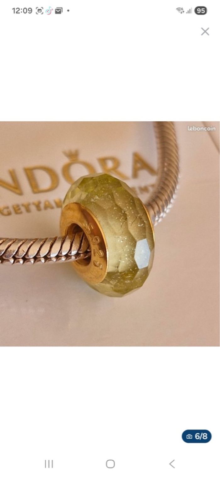 Charm compatible Pandora — verre facetté vert — argent 925 (S925) — cœur doré - photo numéro 5