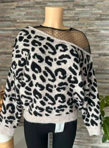 Pull asymétrique taupe noir léopard