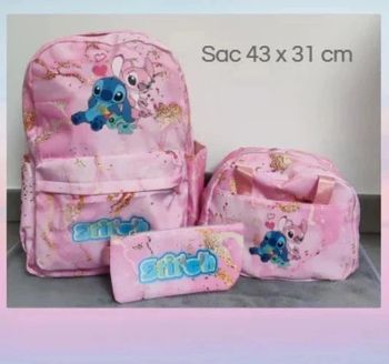 🌸 Ensemble scolaire Sac à Dos, Lunchbox et Trousse Stitch & Angel rose