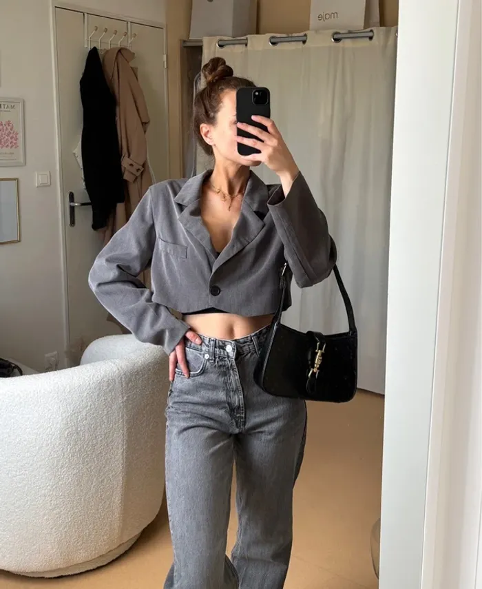 Blazer oversize crop gris à épaulettes