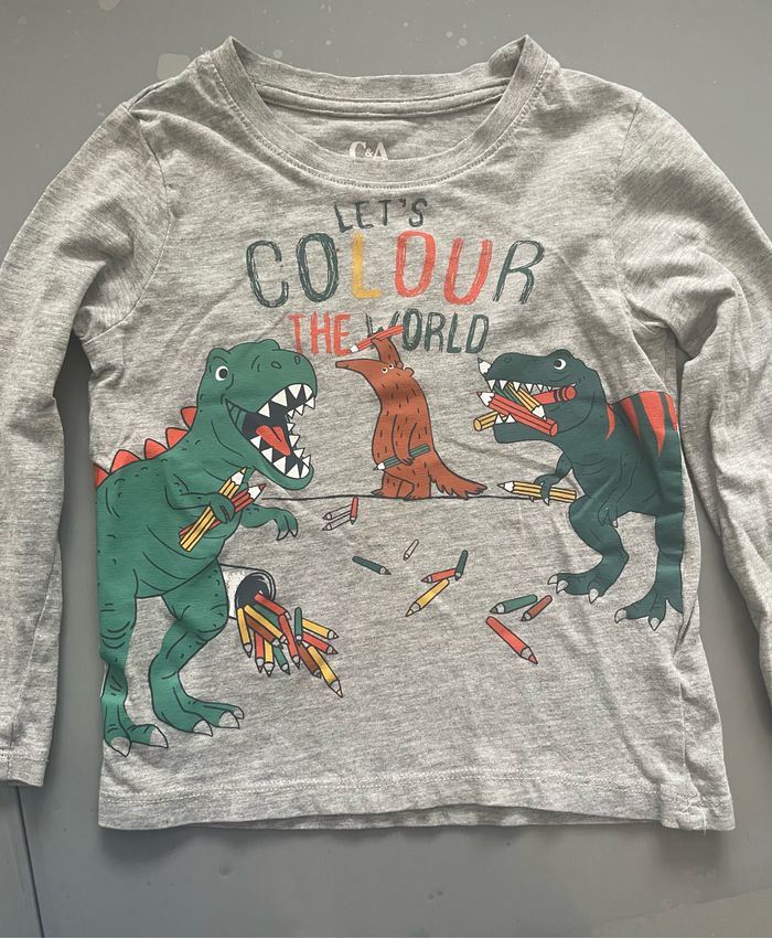 Tee-Shirt garçon T 3 ans C&A gris avec dessins dinosaures colorés - photo numéro 3