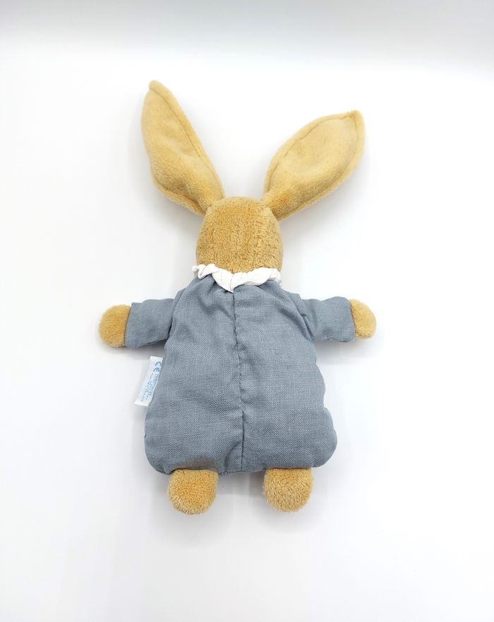 Peluche doudou lapin beige tissu bleu TROUSSELIER longues oreilles col blanc 20 cm - photo numéro 2